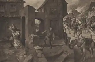 Ilustrace z bitvy u Mladé Vožice z historického románu F. J. Čečerky Jan Žižka z Trocnova (Věnceslav Černý, 1925)