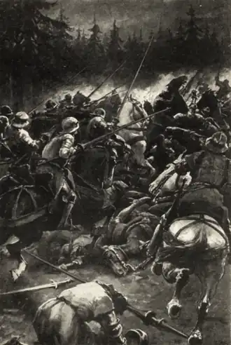 Ilustrace bitvy u Poříčí z historického románu F. J. Čečerky Jan Žižka z Trocnova (Věnceslav Černý, 1925)