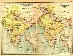 Mapy Indie v letech 1837 (vlevo) a 1857 (vpravo); území Východoindické společnosti je vyznačeno růžově