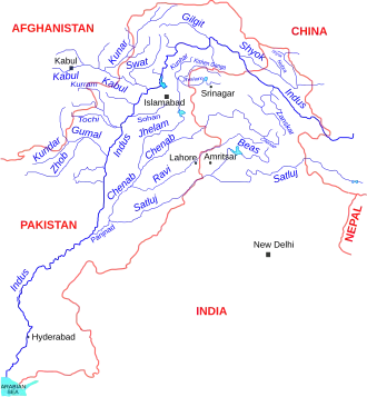 mapa říční sítě řeky s vyznačenými státními hranicemi