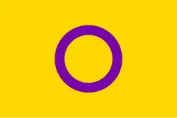 A yellow background with a purple circle in the middle, representing intersex people.