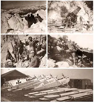 Zleva doprava: Ortles, podzim 1917; Fort Verena, červen 1915; Mount Paterno, 1915; Carso, 1917; Toblach, 1915.