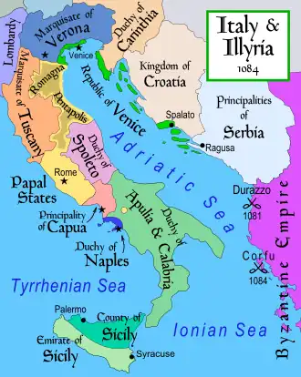 Mapa Itálie a Balkánu v roce 1084, Dyrrhachium vyznačeno jako Durazzo.
