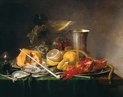 Zátiší, snídaně se šampaňským a dýmkou, 1642