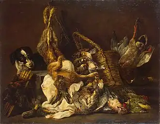 Lovecké trofeje a pes, 93,5×120,0 cm