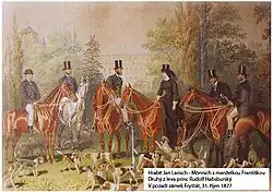 Parforsní hon (31. říjen 1877) hraběte Jana Larisch-Mönnicha na jeho sídle ve Fryštátě, vyobrazen s chotí a korunním princem Rudolfem Habsburským (druhý zleva)