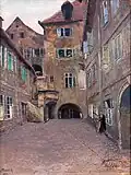 Jan Minařík Pražské zákoutí s harfenistkou (1908)