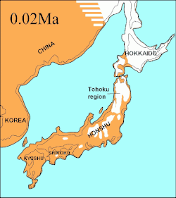 Japonské souostroví při maximálním zalednění v ledové době v pozdním pleistocénu asi před 20 000 lety        moře        pevnina        pevnina bez vegetace                      současné pobřeží