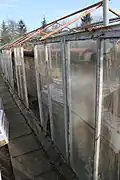 Detail boční stěny oknového skleníku, zřetelná pařeništní okna.