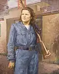 Milicionářka před branou Poličských strojíren, olej a plátně (1950)
