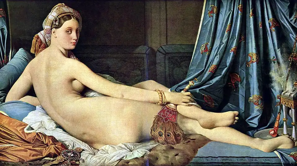 Jean Auguste Dominique Ingres, Velká odaliska, 1814. Akt je zobrazen zezadu a pozoruje diváka přímo, bez použití zrcadla.
