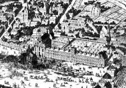 Jezuitská kolej se zahradou a kaplí Božího Těla před kostelem svatého Ignáce z Loyoly (rytina z roku 1685)