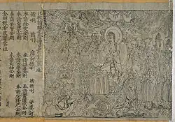 Stránka knihy, v levé třetině text ve sloupcích čínskými znaky, ve zbytku stránky kresba (dřevoryt) buddhistického světce sedícího před oltářem obklopeného zástupem mnichů, podlaha v místnosti sestává z čtvercových dlaždic s květinovými motivy, nad světcem je část ozdobné stříšky