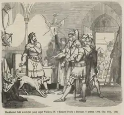Markhrabě Jošt s českými pány zajal Václava IV. v Králově Dvoře u Berouna 8. května 1394 (Česko-moravská kronika, 1868)