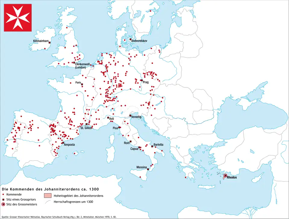 Mapa řádových sídel v Evropě roku 1300