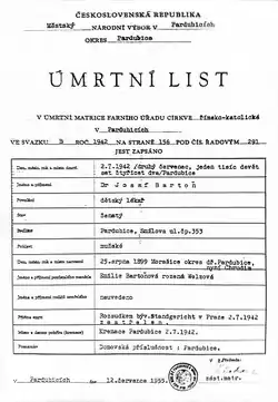 Úmrtní list Josefa Bartoně (opis z matriky úmrtí)