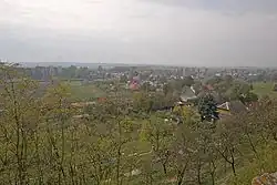 Pohled na Křešice od kostela Nejsvětější Trojice u Záhořan