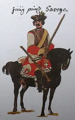 Císařský kyrysník za války o polské následnictví před Philippsburgem v roce 1734 (příslušník českých dragounů polního maršála Montecuccoliho ze soudobého Gudenova rukopisu)