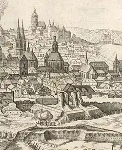 Karel Škréta: Obléhání Prahy 1648 (výřez, vpředu Horská brána s provizorním bastionem)