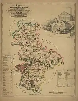 Mapa okresu karlínského v Pražském krají podle nejnovějších a nejbezpečnějších pramenů sestavená. Zachycuje i Dolní Počernice nejspíše k roku 1850.
