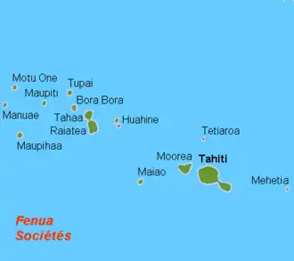 Mapa Společenských ostrovů, kde je tahitština rozšířena