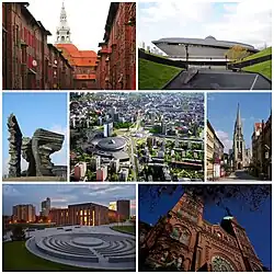 Koláž: Dělnická kolonie Nikiszowiec, Spodek, památník Slezských povstalců, letecký pohled na centrum města, Mariánský kostel, Zóna kultury a bazilika v Panewnikách