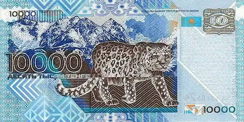 Na bankovce 10 000 tenge je irbis nakreslen z části zepředu a z boku