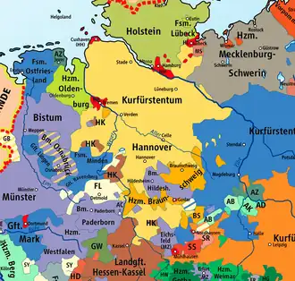 Kurfiřtství hannoverské (žlutá) v roce 1789