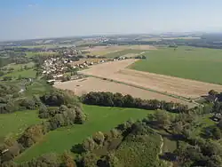 Letecký pohled na obec Košatka, v popředí část CHKO Poodří