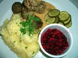 Masové koule s omáčkou, bramborovou kaší, nakládačkami a brusinkovým džemem