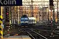 Pohled na stanici od Záboří nad Labem, lokomotiva řady 362