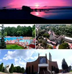 Nahoře: vodní nádrž; vlevo uprostřed: koupaliště; vpravo uprostřed: farní kostel Nanebevzetí Panny Marie; dole: kostel sv. Josefa.