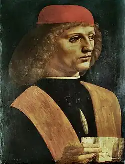 Leonardo da Vinci, Portrét hudebníka vytvořený roku 1485 (milánská Pinacoteca Ambrosiana). Mezi mnoha domněnkami ohledně identity zpodobněného muže se kromě Franchina Gaffuria uvažovalo také o jménech Josquina des Prez nebo Atalante Migliorottiho, hráče na lira da braccio a Leonardova žáka a přítele
