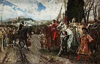 Kapitulace Granady: maurský emír Boabdil se vzdává španělskému královskému páru (historický obraz z r. 1882)