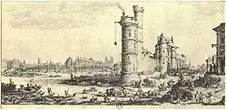 Jacques Callot (1592–1635): Tour de Nesle a Pont Neuf (BNF)