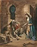 Eugène Delacroix: Konrád a Gulnára ve vězení (1831), akvarel