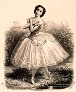 Emma Livry jako Farfalla v baletu Taglioniho/Offenbacha Le Papillon, Paříž, 1861, litografie podle Disdériho fotografie
