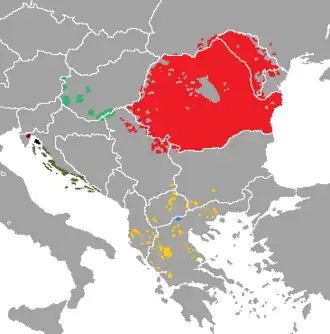 Mapa bývalého rozšíření balkanorománských jazyků (†=mrtvý jazyk): Rumunština Istrorumunština Meglenorumunština Arumunština Dalmátská vegliota† Ragusanština† Panonská románština†