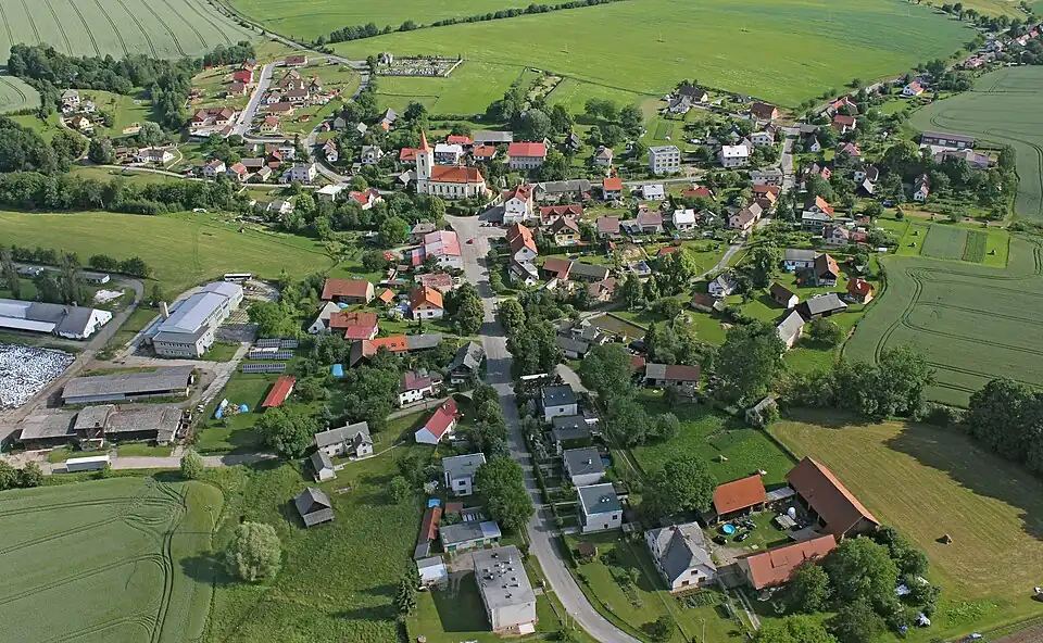 Letecký pohled na Libošovice s kostelem sv. Prokopa