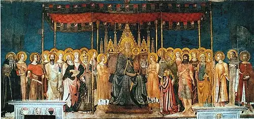 Maestà – trůnící Panna Marie s Jezulátkem mezi světci, muzeum v San Gimignanu