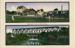 Železniční stanice s tehdejším názvem Litovel-Chořelice na pohlednici z roku 1915.