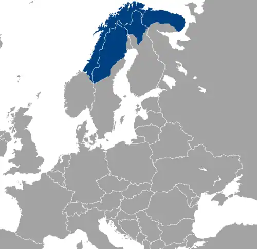 Mapa Evropy s vyznačením sámské domoviny