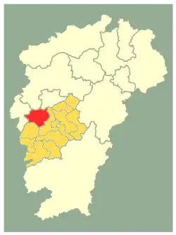 Okres An-fu (červeně) v prefektuře Ťi-an (sytě žlutá) a provincii Ťiang-si (světle žlutá)