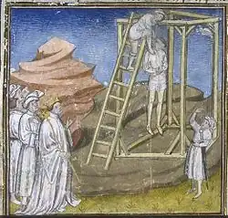 Heribertova poprava oběšení, pod dohledem krále Ludvíka IV. podle Folcwinova spisu Deeds of the Abbots of St. Bertin (fikce)