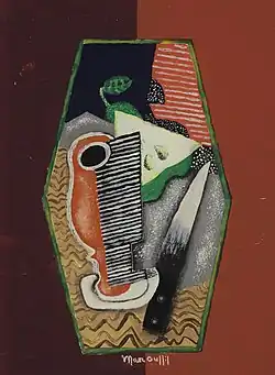 Zelená hruška a nůž. Podepsáno Marcoussisem, olej na skle, 36,2 × 26 cm, kolem 1941