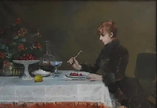 Sarah Bernhardt u stolu (kolem 1885)