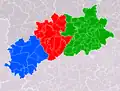 Správní obvody obcí s rozšířenou působností: Louny (zeleně), Podbořany (modře) a Žatec (červeně).