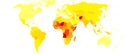 A map of the world with a far bit of dark red in Africa, orange colors in parts of Asia and South America, and yellow in Europe and North America