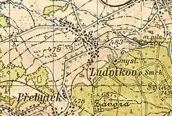 Kolorovaná mapa třetího vojenského mapování, v jejímž výřezu je zachycen Ludvíkov pod Smrkem a blízká osada Přebytek.