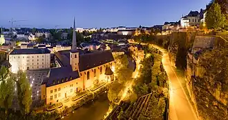 Panoramatický pohled na lucemburské město Grund a jeho opevnění (světové dědictví UNESCO), za soumraku, v Lucembursku.